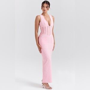 House of CB Sophina Pink Broderie Plunge V Neck Corset Maxi Dress (Size Medium)